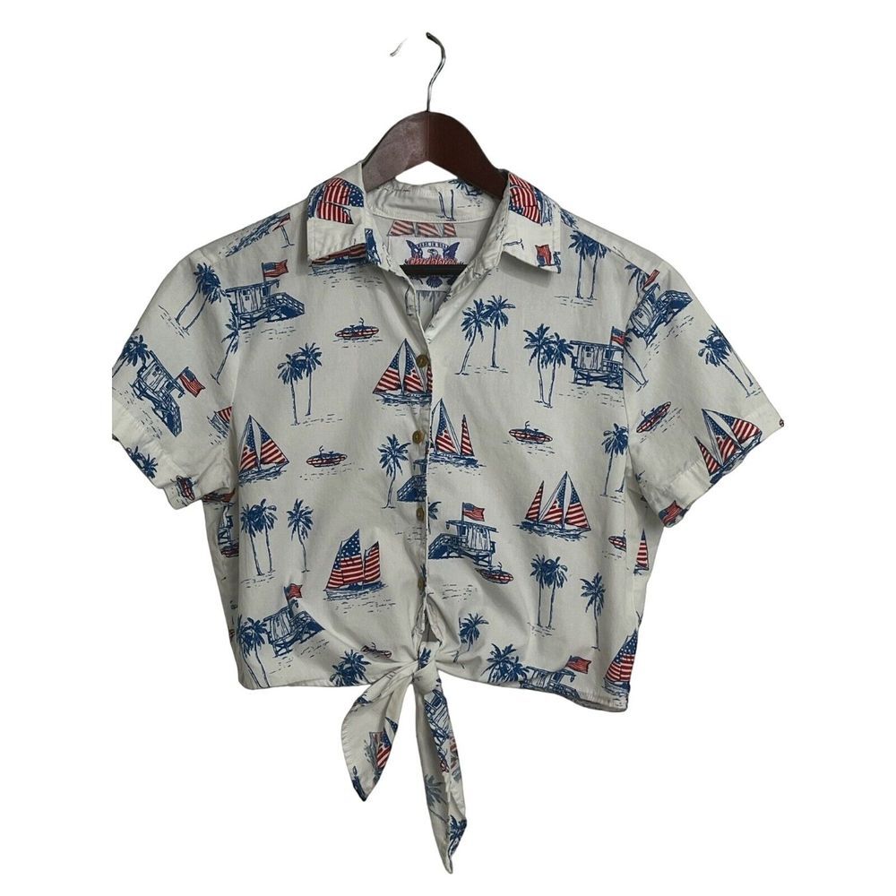 chubbies Cream Tie-Front Crop Shirt with Blue & Red Nautical Print